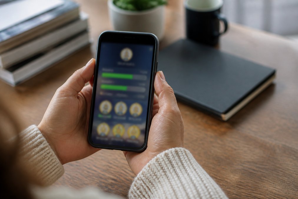 Close-up of hands holding a smartphone displaying a gamified productivity app interface with progress bars and achievement badges visible on screen