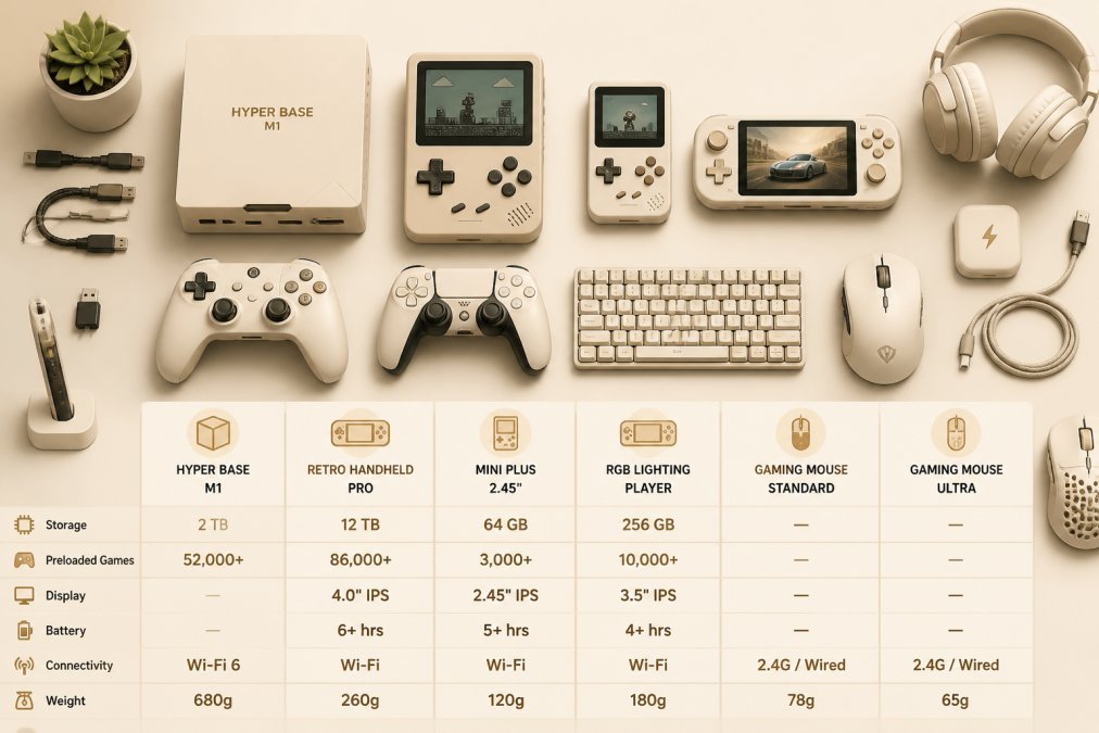 Overhead flat-lay of multiple gaming consoles and handheld devices arranged on a clean desk with controllers, cables, and gaming accessories nearby, showing the Hyper Base M1, retro handheld devices, and gaming mice