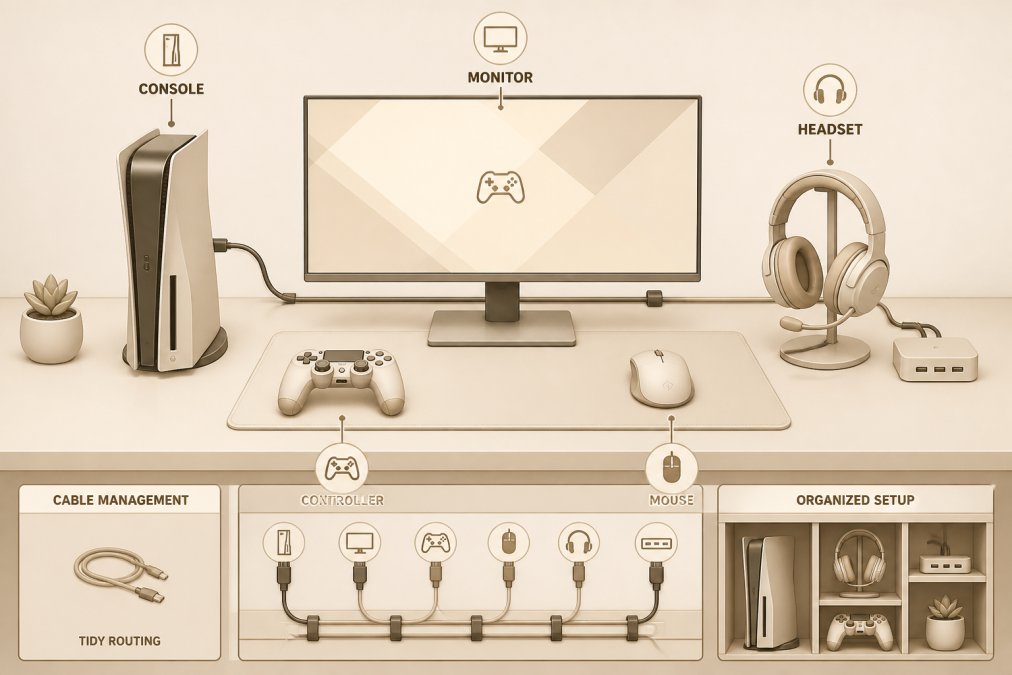 Complete gaming setup showing a monitor, gaming console, wireless mouse, controller, and headset arranged on a desk with proper cable management and organized peripherals