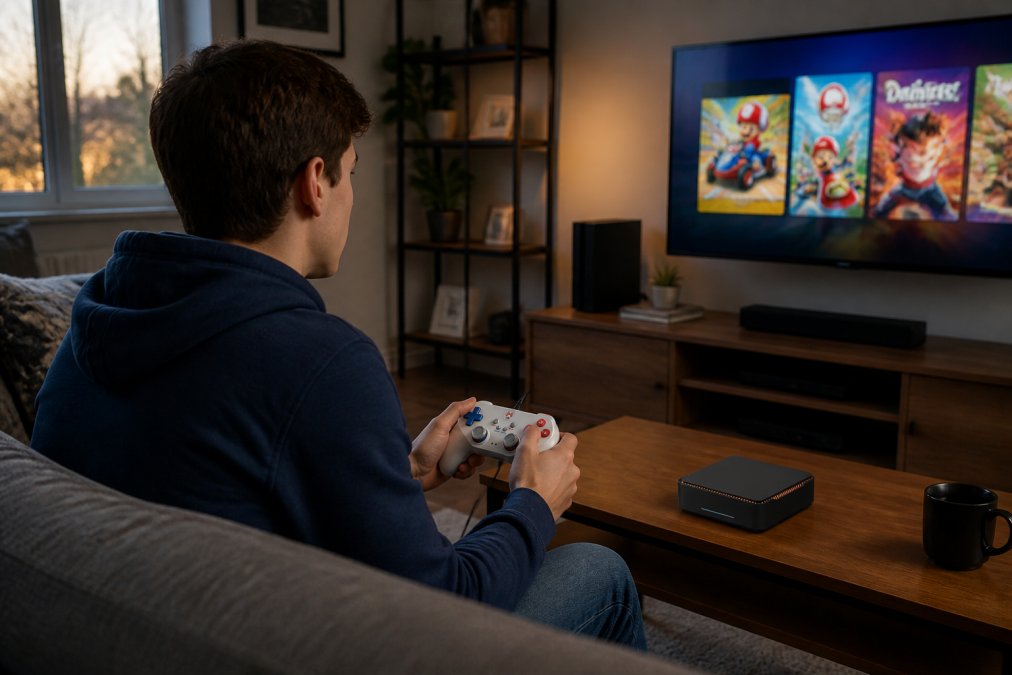 A beginner gamer sitting on a couch in a comfortable living room, holding a console controller with a TV displaying a colorful game menu in the background, natural evening lighting from a window, showing a relaxed and intuitive setup