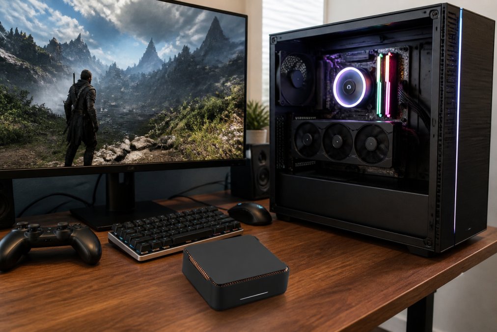 A gaming PC tower with the side panel open, showing internal components including a graphics card, RAM modules, and CPU cooler with RGB lighting, a high-performance monitor displaying a detailed game scene with high frame rates in the background, professional desk setup with natural lighting
