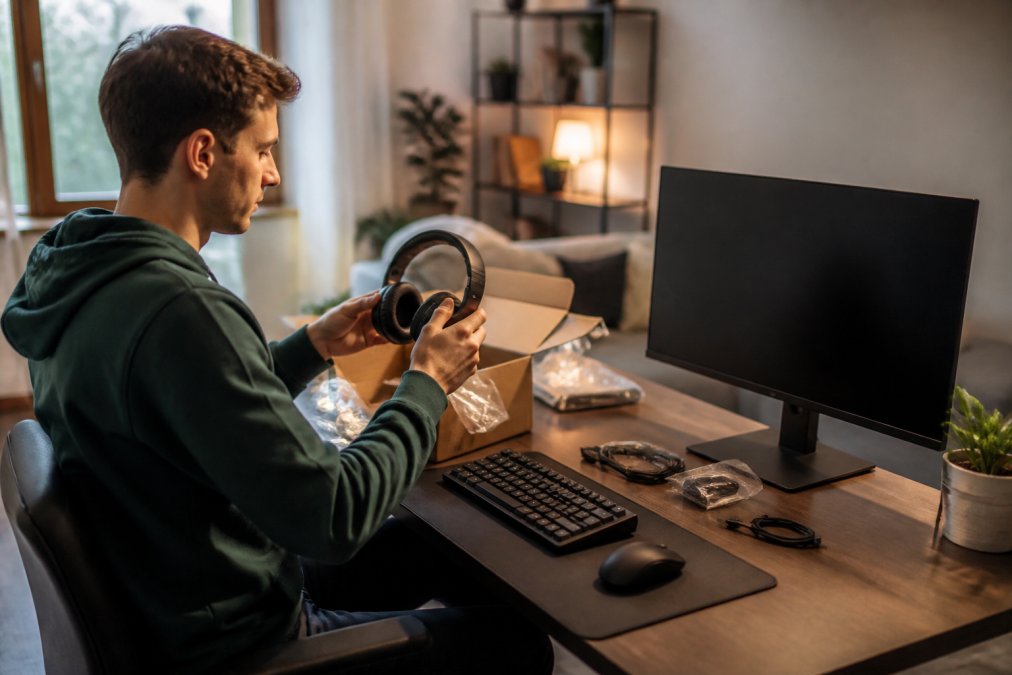 Casual gamer using ergonomic gaming gear for casual weekend players at a tidy, softly lit home desk setup.