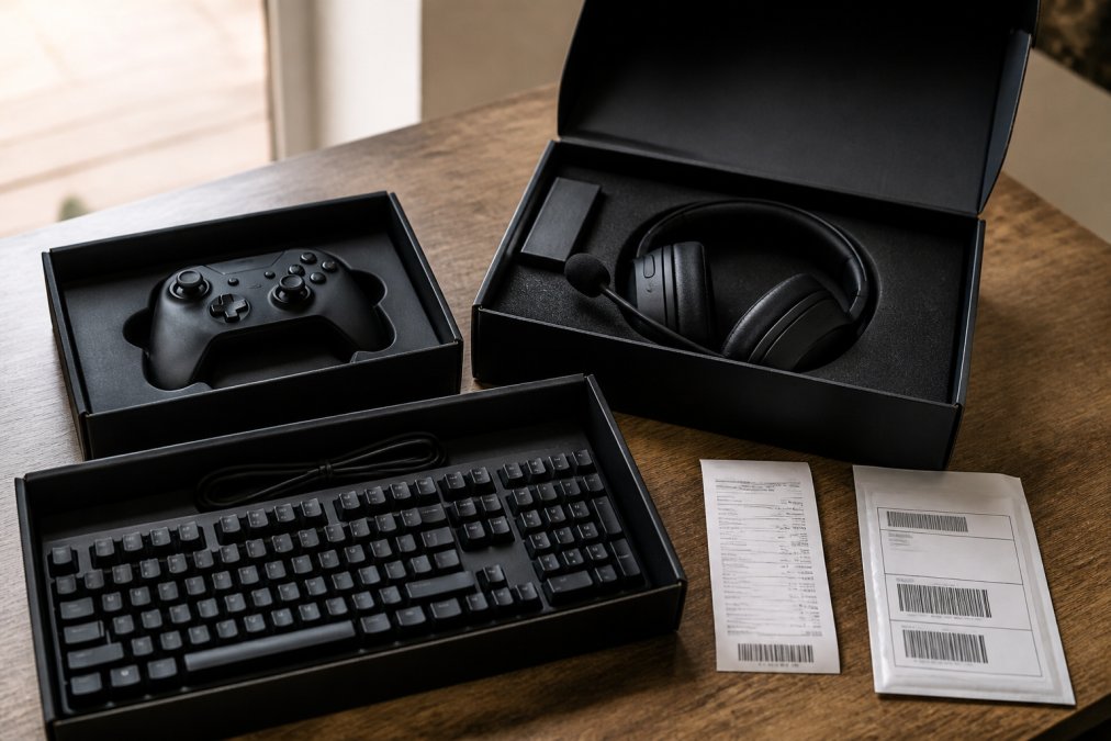 Close-up of gaming peripherals in original packaging with receipt and return label visible on wooden desk with natural window lighting