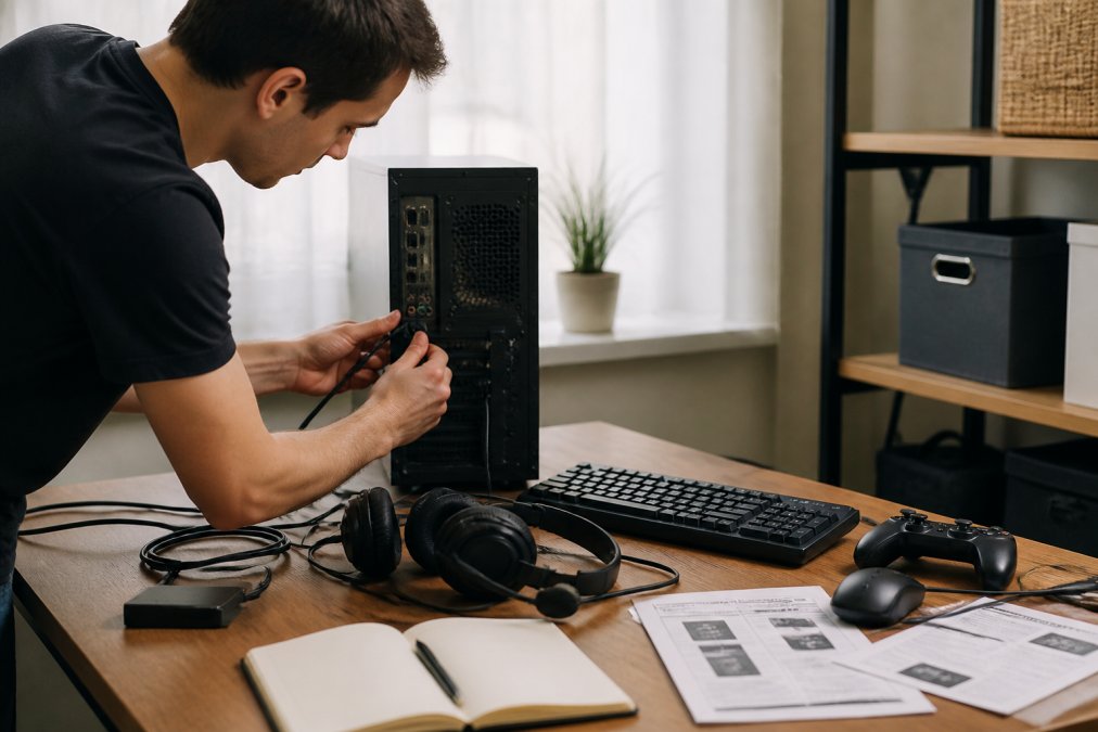 Gamer at desk troubleshooting gaming peripherals, checking cable connections and monitor settings with documentation and support materials visible, natural office lighting