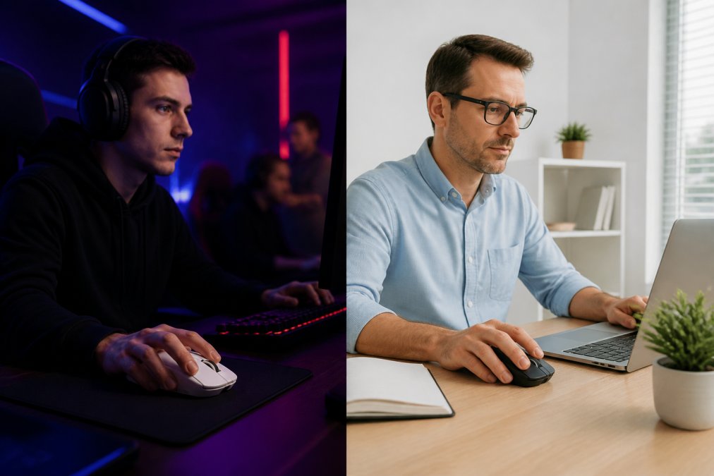 Professional gamer using high-performance gaming mouse with RGB lighting during esports match on gaming desk setup, alongside office worker using standard ergonomic mouse at minimalist workstation with natural lighting