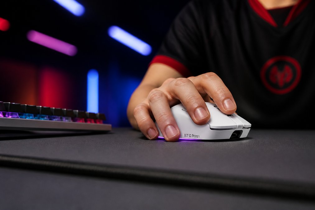 Professional esports player's hand gripping Mchose A7 V2 Pro Ultra gaming mouse mid-match, RGB lighting visible, gaming desk with mechanical keyboard and monitor in background under competitive lighting