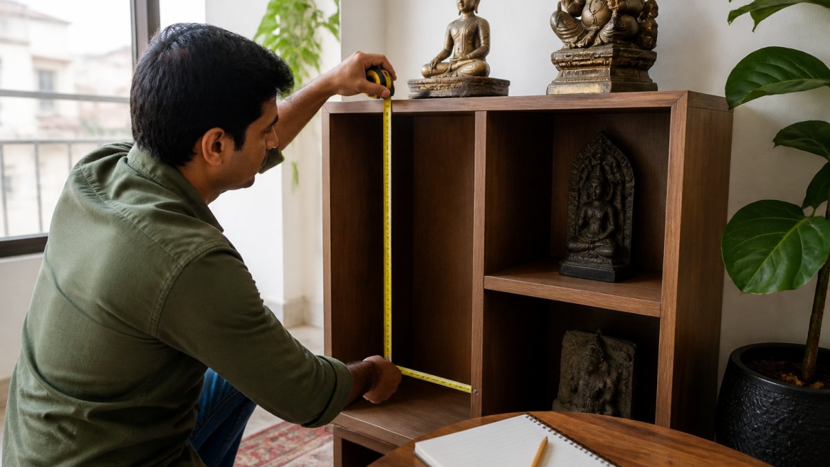 A person using a tape measure to check the height and depth of a small wooden shelf in a bright apartment, with a notebook and pencil nearby for recording dimensions
