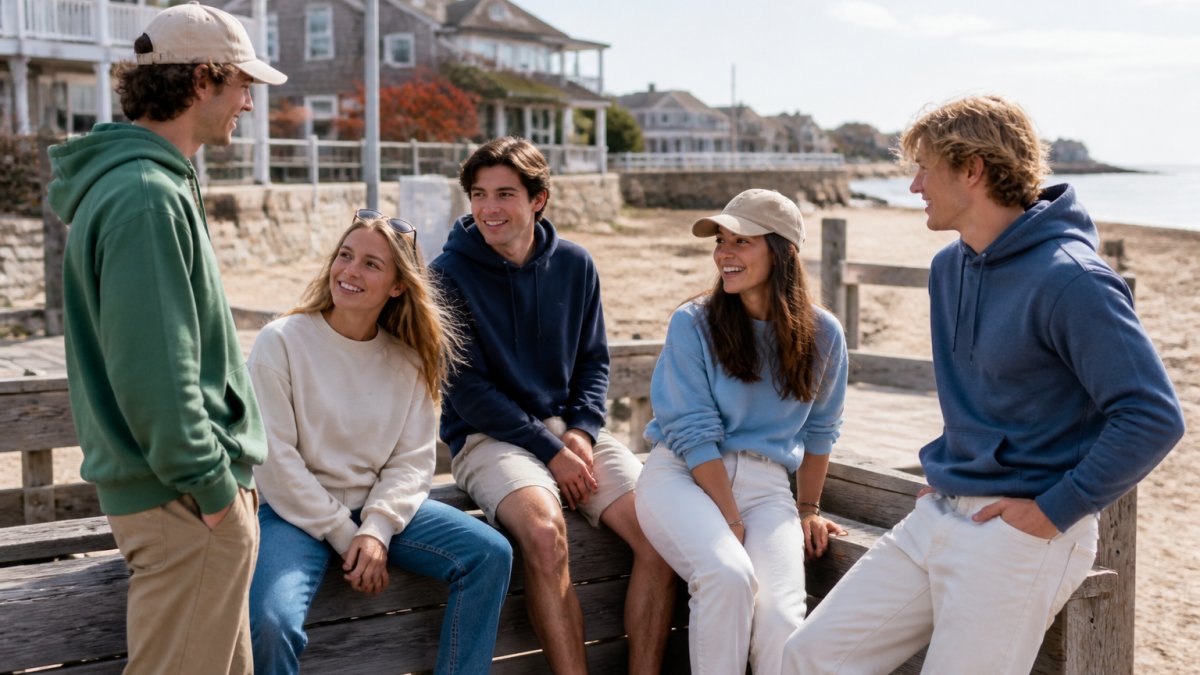 Young adults wearing coastal-inspired hoodies and casual apparel at a sunny Rhode Island beach town.
