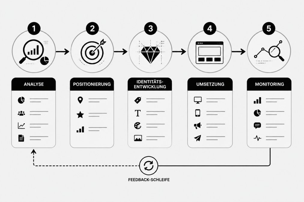 Flowchart mit fünfstufigem Prozess: Analyse → Positionierung → Identitätsentwicklung → Umsetzung → Monitoring mit Feedback-Schleife