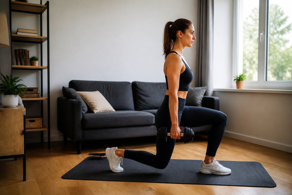 Eine Person trainiert mit einer verstellbaren Kurzhantel auf einer Trainingsmatte in einem kleinen, aufgeräumten Wohnzimmer. Im Hintergrund sind ein Sofa und ein Regal zu sehen, die die begrenzte Fläche zeigen.