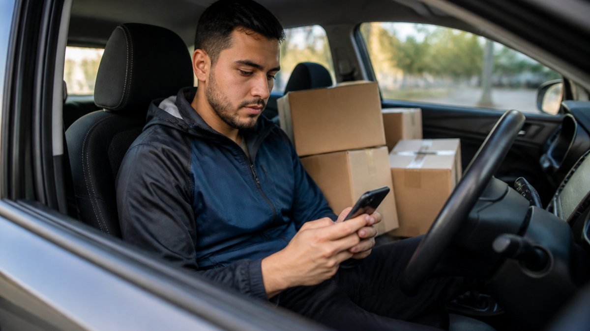 Delivery driver checking their phone while sitting in a parked car with packages visible in the back seat, representing the waiting phase before pickup