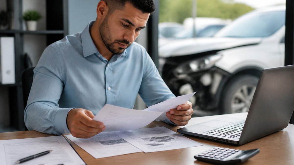 Professional reviewing insurance claim documents and vehicle valuation paperwork at desk with laptop showing claim details and financial calculations