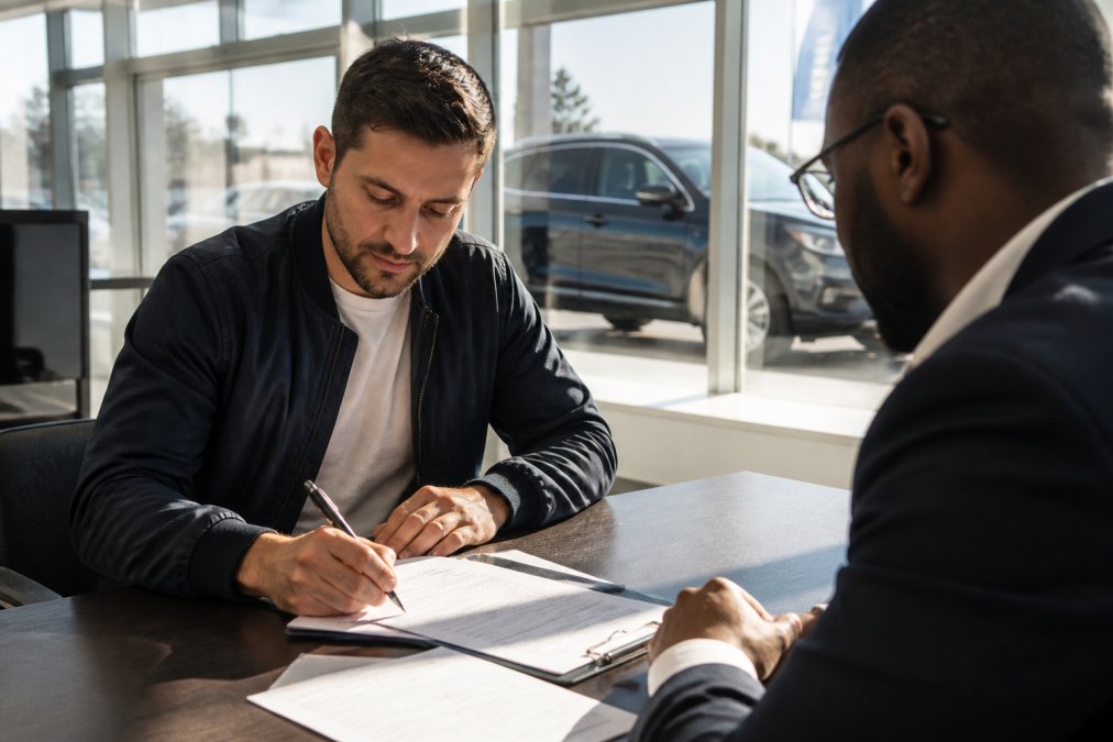 Person reviewing car financing paperwork at a dealership desk, with a pen in hand and a vehicle visible through the window in the background