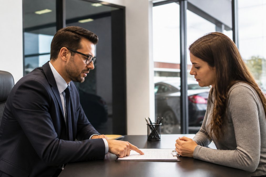 Two people sitting across from each other at an office desk, one pointing at documents, representing a financial or insurance consultation