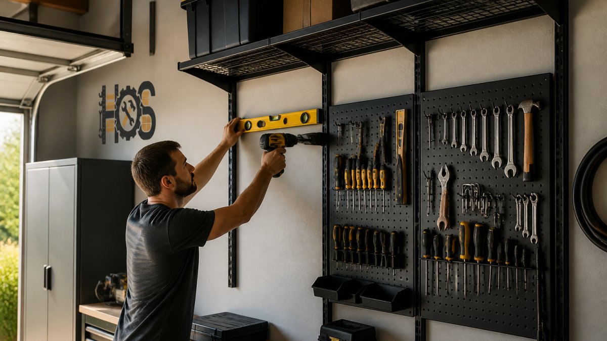 Homeowner using a drill and level to install wall-mounted storage cabinets in a bright, organized garage.
