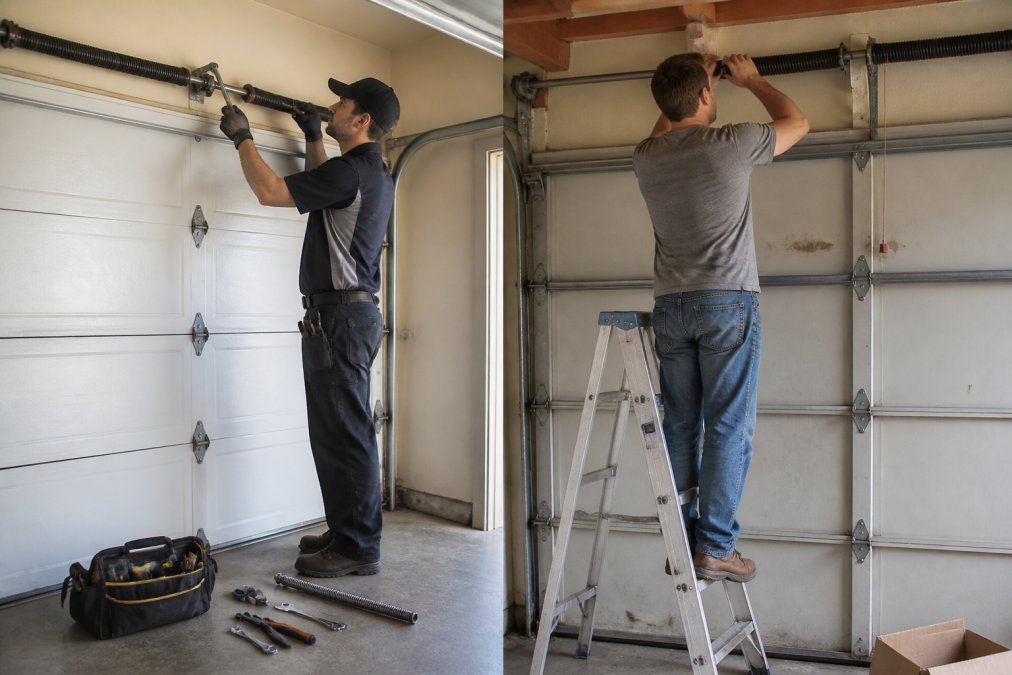 A licensed technician in a branded uniform carefully replacing a torsion spring on a residential garage door, with professional tools laid out on the concrete garage floor beside him, workshop lighting overhead