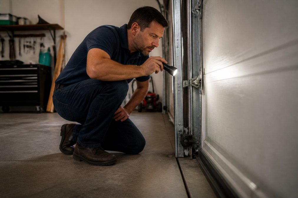 A homeowner crouching beside a garage door track, shining a flashlight at the rollers and hinges to inspect for wear, with the interior of a residential garage visible in the background