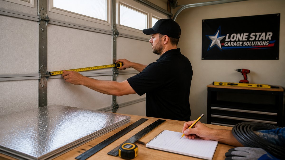 Homeowner measuring garage door panel dimensions with measuring tape, noting measurements on paper with pencil, garage interior visible in background