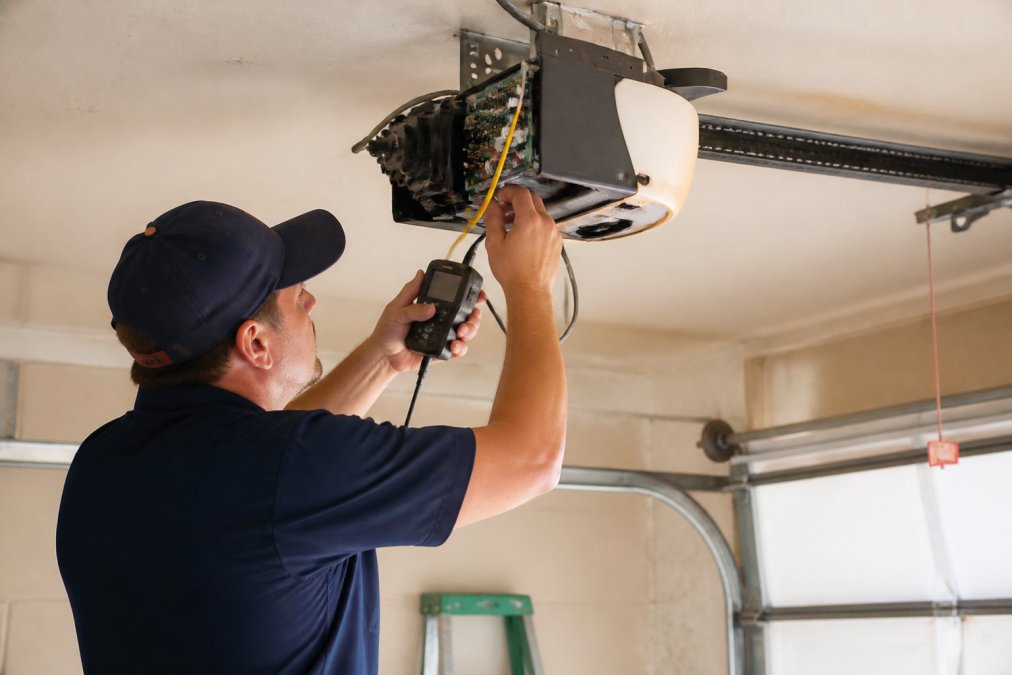 Professional garage door technician in work uniform using diagnostic tools to inspect the motor and logic board assembly of a garage door opener, with visible wiring and mechanical components