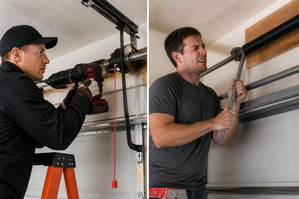 Professional garage door technician wearing safety equipment and using specialized tools to carefully service a high-tension torsion spring system inside a garage