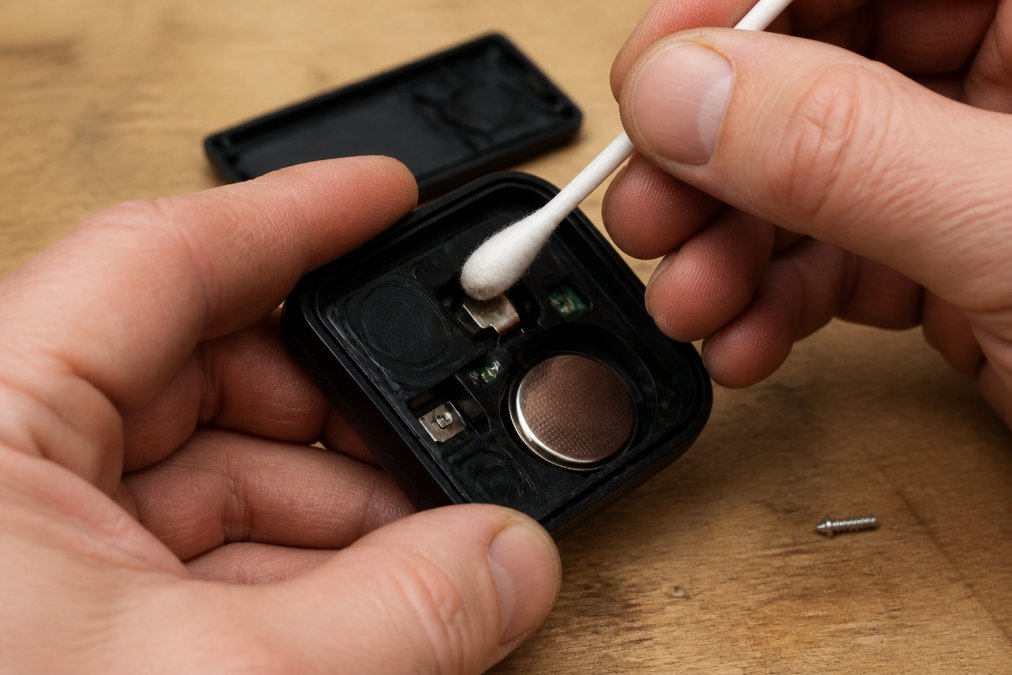 Close-up of a hand using a cotton swab to clean battery contacts inside an open garage door remote control