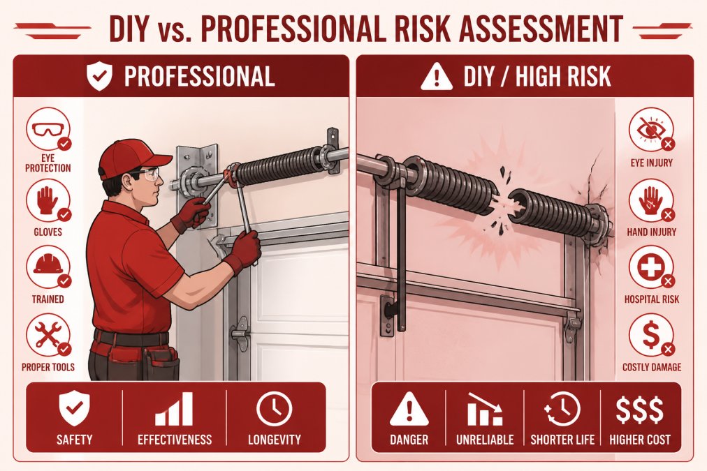 Infographic comparing professional garage door repair and service safety against DIY spring failure risks.
