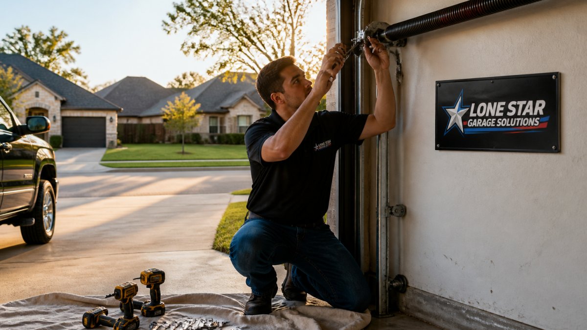 Technician performing a garage door repair by inspecting a torsion spring in a sunny suburban driveway.