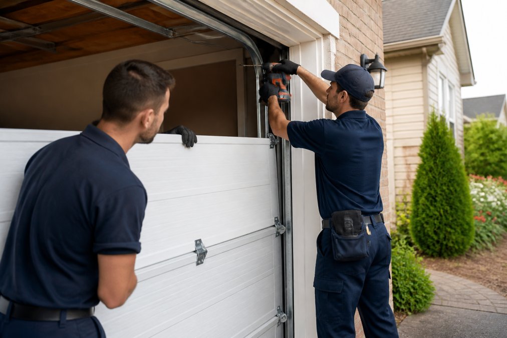 A professional technician in uniform installing a new sectional garage door on a suburban home, using a drill on the track while a second technician holds the panel in place