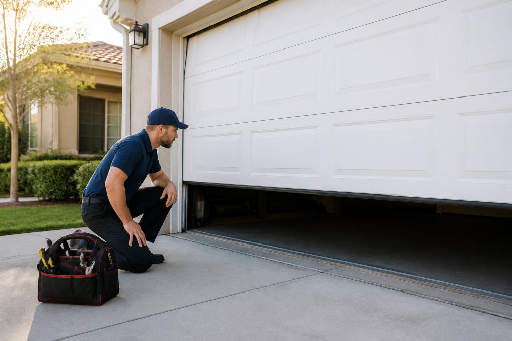 A uniformed garage door technician arriving at a residential home, tool bag in hand, crouching to inspect a white sectional garage door stuck halfway open on a suburban driveway in afternoon sunlight