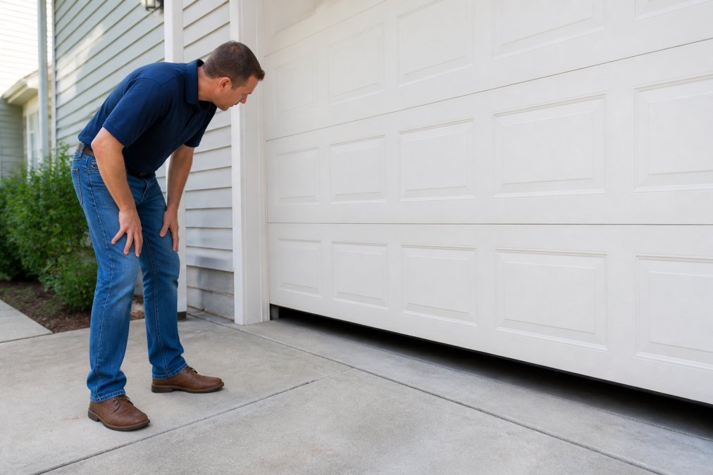 Homeowner in a residential driveway inspecting a garage door with a visible gap at the bottom, one side of the door sitting unevenly, natural daylight, suburban home setting