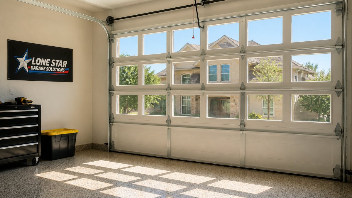 Modern residential home with garage door featuring multiple clear window panels, natural daylight streaming through the windows into the garage interior on a bright afternoon