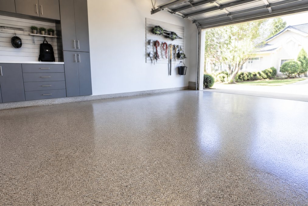 A residential garage with a freshly coated floor in a warm greige flake blend, showing a clean, modern workspace with natural light reflecting off the surface
