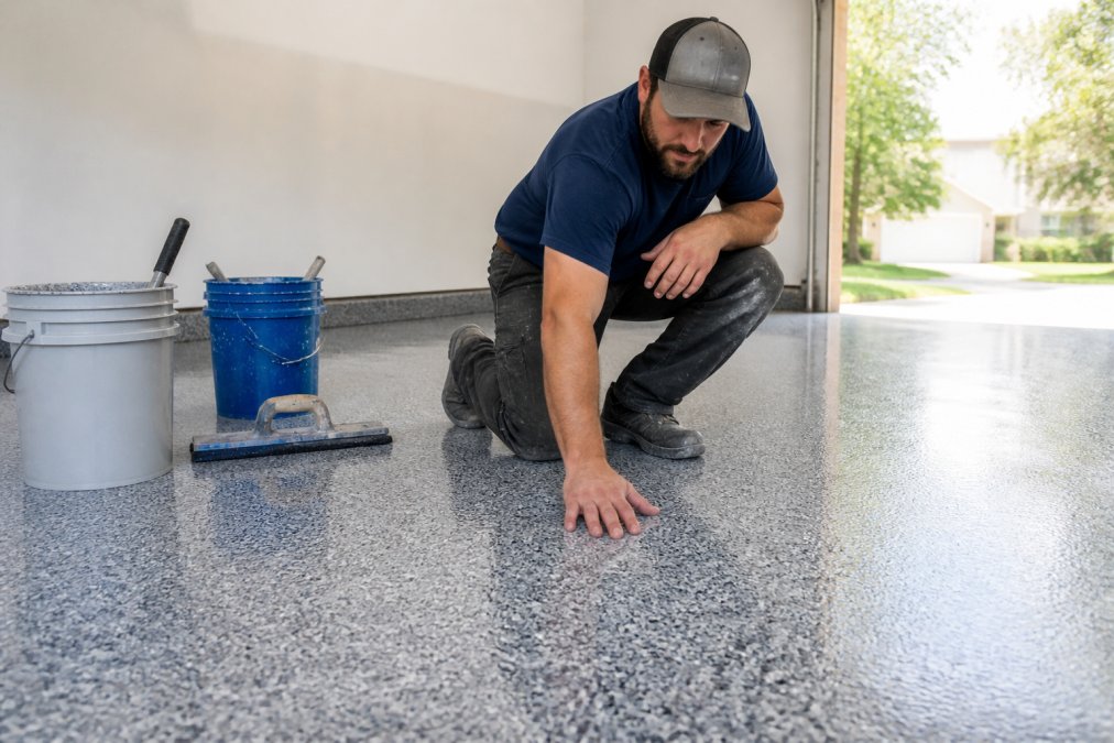 A professional concrete contractor in work clothes kneeling on a residential garage floor, inspecting a freshly applied flake epoxy coating under natural light, with coating tools and buckets visible nearby