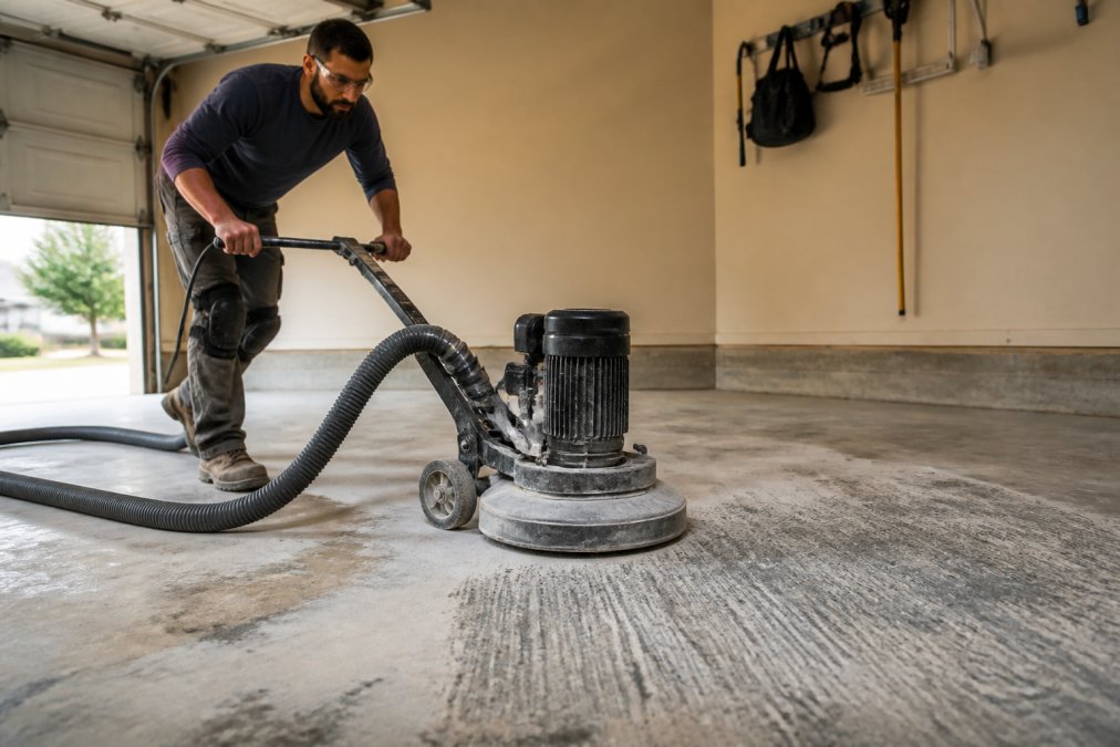 A worker in safety glasses guiding a diamond grinder across a bare concrete garage floor, dust extraction hose trailing behind, the slab surface showing a visibly roughened profile under overhead shop lighting