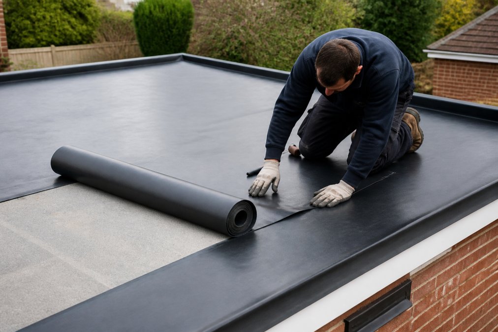 Professional roofer applying EPDM rubber membrane to flat garage roof surface, showing material texture and careful installation technique with specialized tools