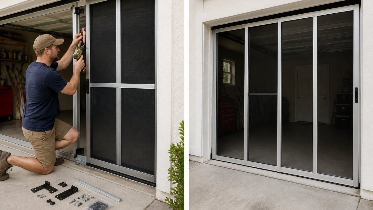 Homeowner using a cordless drill to install a sliding garage screen door into the door frame