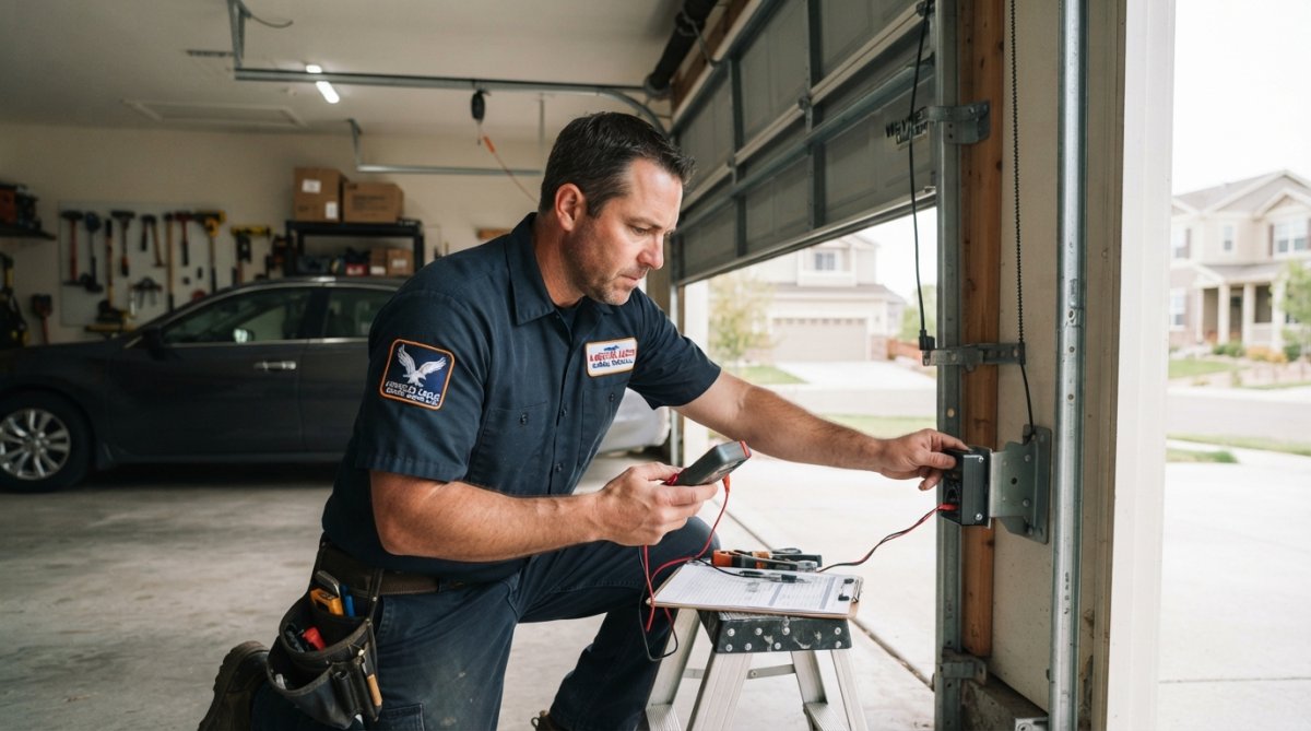 Professional garage door technician in uniform performing on-site inspection, checking safety sensors and door balance with diagnostic equipment in residential garage setting