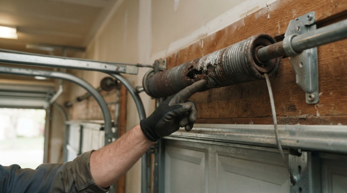 Close-up of damaged garage door spring showing visible rust and wear, with technician's hand pointing to the problem area in residential garage setting