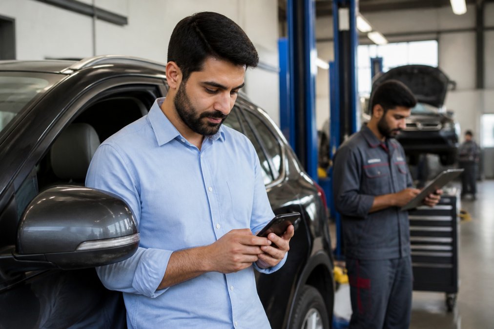 A car owner in Dubai standing next to their vehicle in a bright, modern garage, comparing options on a smartphone while a mechanic reviews a checklist in the background