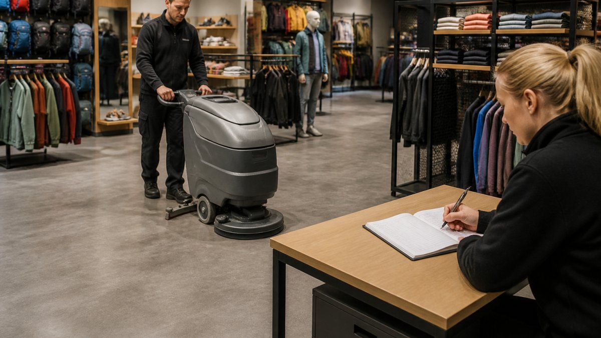 En driftsansvarlig i en butik, der mopper et slidstærkt vinylgulv med en gulvvasker, mens en kollega noterer rengøringen i en logbog på et skrivebord ved siden af