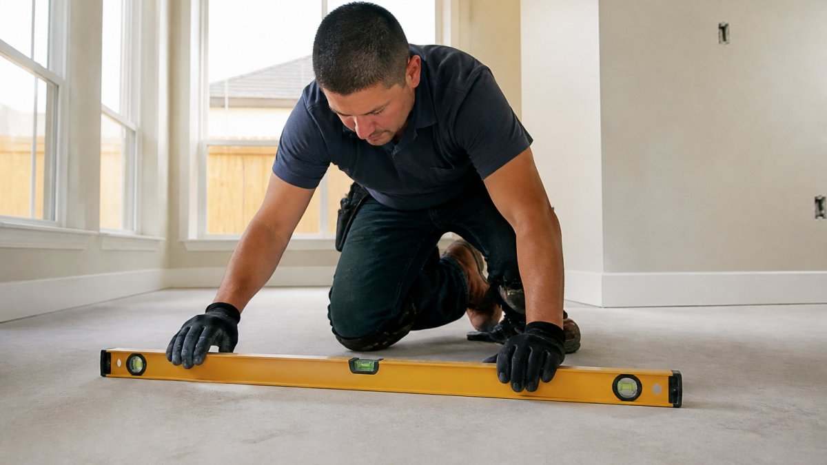Professional inspector examining vinyl flooring subfloor preparation, checking levelness with precision tools on concrete surface in bright daylight