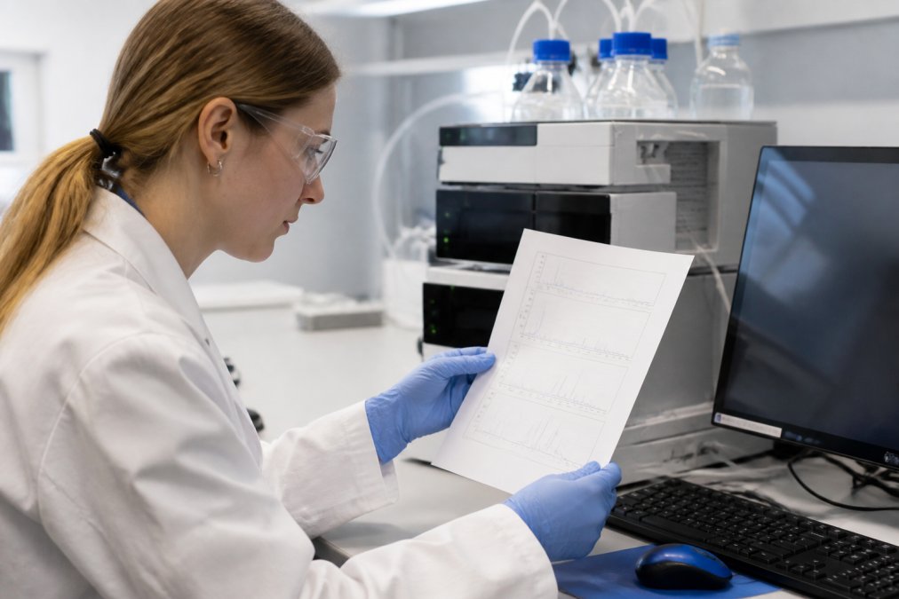 Close-up van een onderzoeker in een modern laboratorium die een HPLC-analyserapport met chromatogrammen bestudeert naast een monitor, met witte labjas en blauwe handschoenen, heldere laboratoriumverlichting