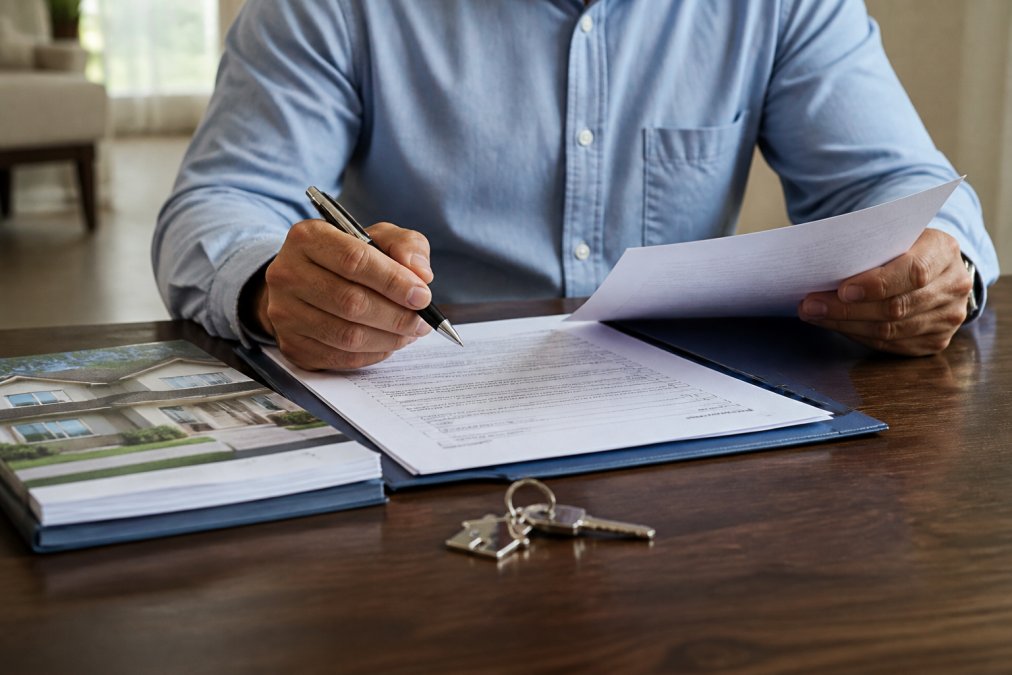 Personne assise à un bureau en train d'examiner des documents immobiliers et une liste de contrôle, stylo en main, avec une clé de maison et un dossier de papiers visibles sur la table