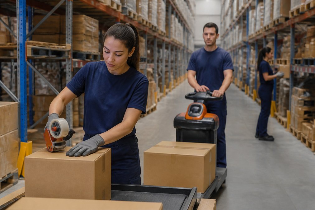 Operatori di magazzino in uniforme che eseguono attività di picking e packing su scaffalature industriali in un grande magazzino logistico ben illuminato, con transpallet elettrici e sistemi di etichettatura visibili