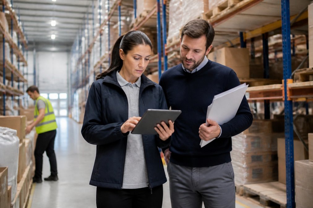 Responsabile operativo con tablet in mano che controlla documentazione e verifica procedure in un magazzino moderno, con scaffalature metalliche alte e pallet sullo sfondo, illuminazione industriale