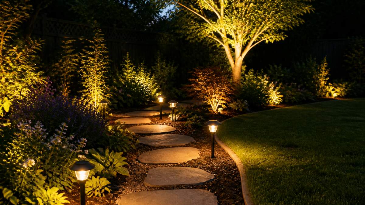 A well-lit garden at dusk with warm LED pathway lights illuminating stepping stones, garden borders glowing softly with accent lighting, and a feature tree highlighted with spotlighting, creating layered depth and welcoming ambience