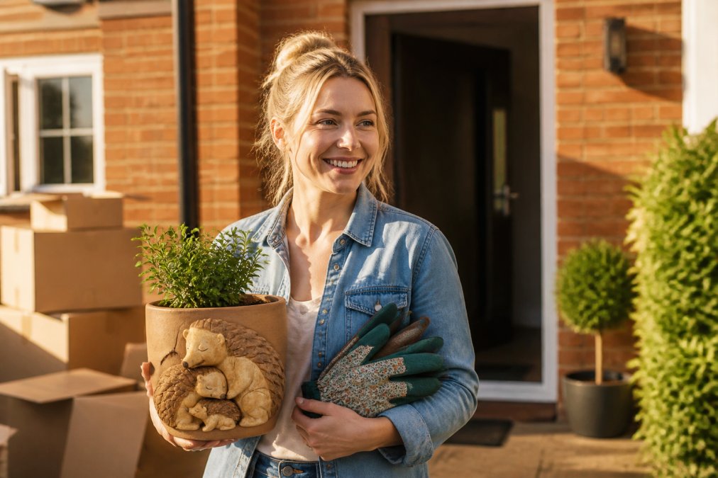 A new homeowner standing in front of their house, smiling whilst holding a decorative plant pot and gardening gloves, with moving boxes visible in the background, natural afternoon sunlight casting warm shadows
