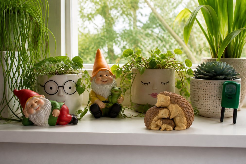 A bright windowsill displaying an array of quirky plant pots with trailing plants, colourful gnome decorations, and a water sensor, creating a cheerful garden display indoors, warm natural light streaming through the window