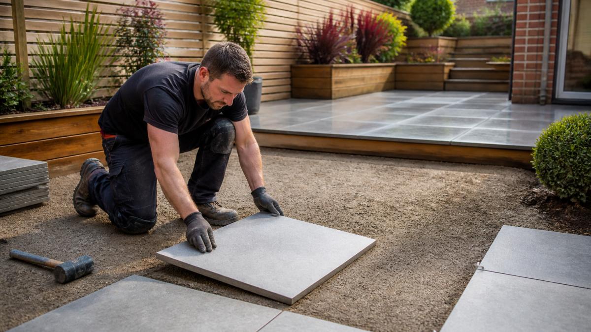 A landscaper in work clothes laying large porcelain paving slabs on a prepared sub-base in a residential garden, with a finished patio and raised timber planting beds visible behind him, soft afternoon light