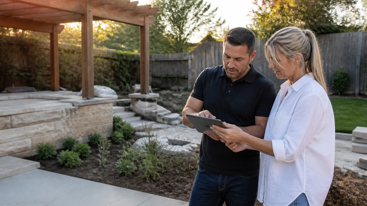 A landscaper and homeowner reviewing a landscape plan on a tablet in a residential backyard, with garden beds, paving and a partly built pergola visible behind them, late afternoon light